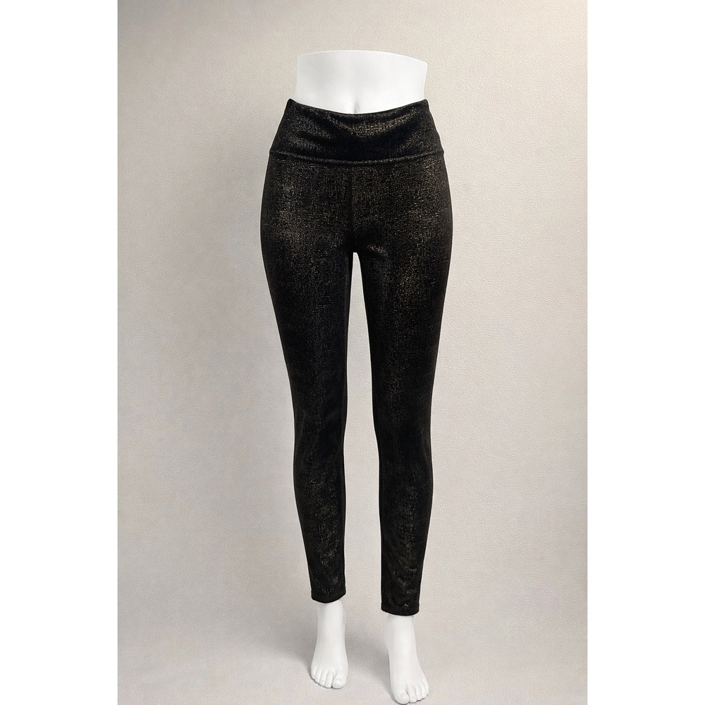 Spanx Leggings Women Medium Black Gold Metallic Foil Shimmer High Waist Shaping